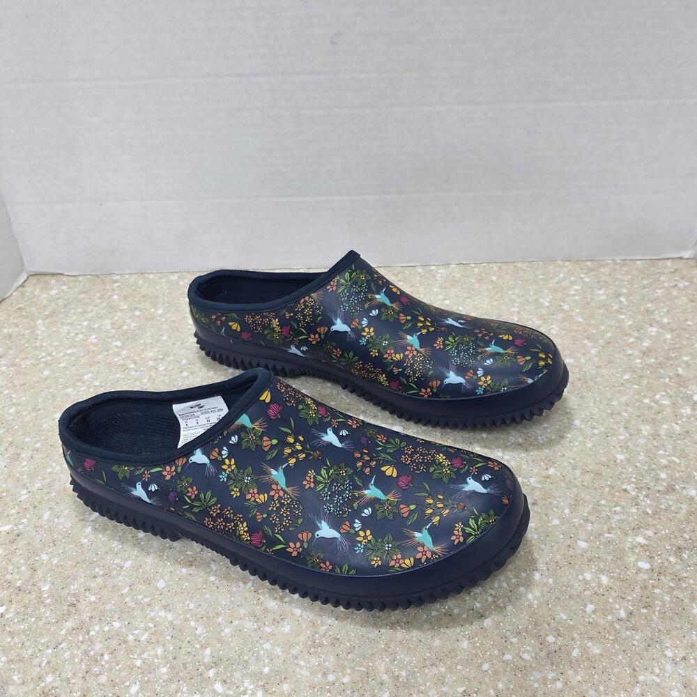 Western Chief Navy Blue Garden Hummingbirds Waterproof Clogs Women's Size 8